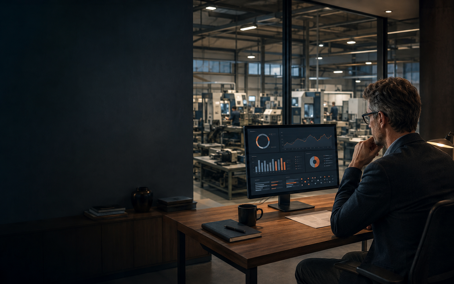 Manager industriale analizza una dashboard commerciale con la produzione sullo sfondo